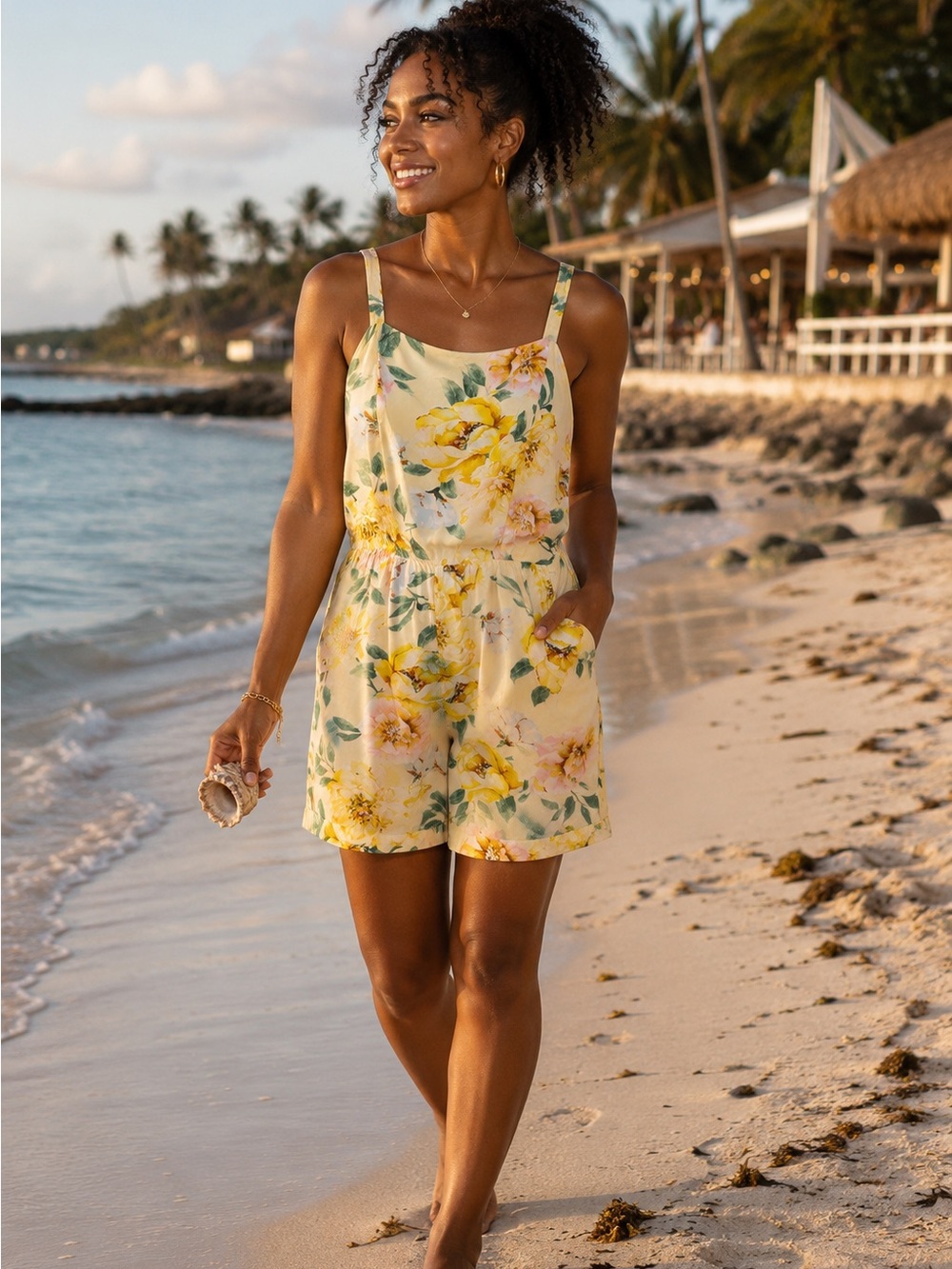 Old Navy Floral Romper Small Yellow Floral Pockets Vacation